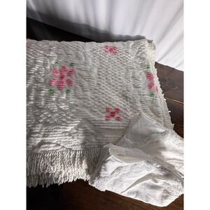VTG JCPenney Chenille Bedspread Set White Pink Floral Fringe Cottagecore 2 Shams